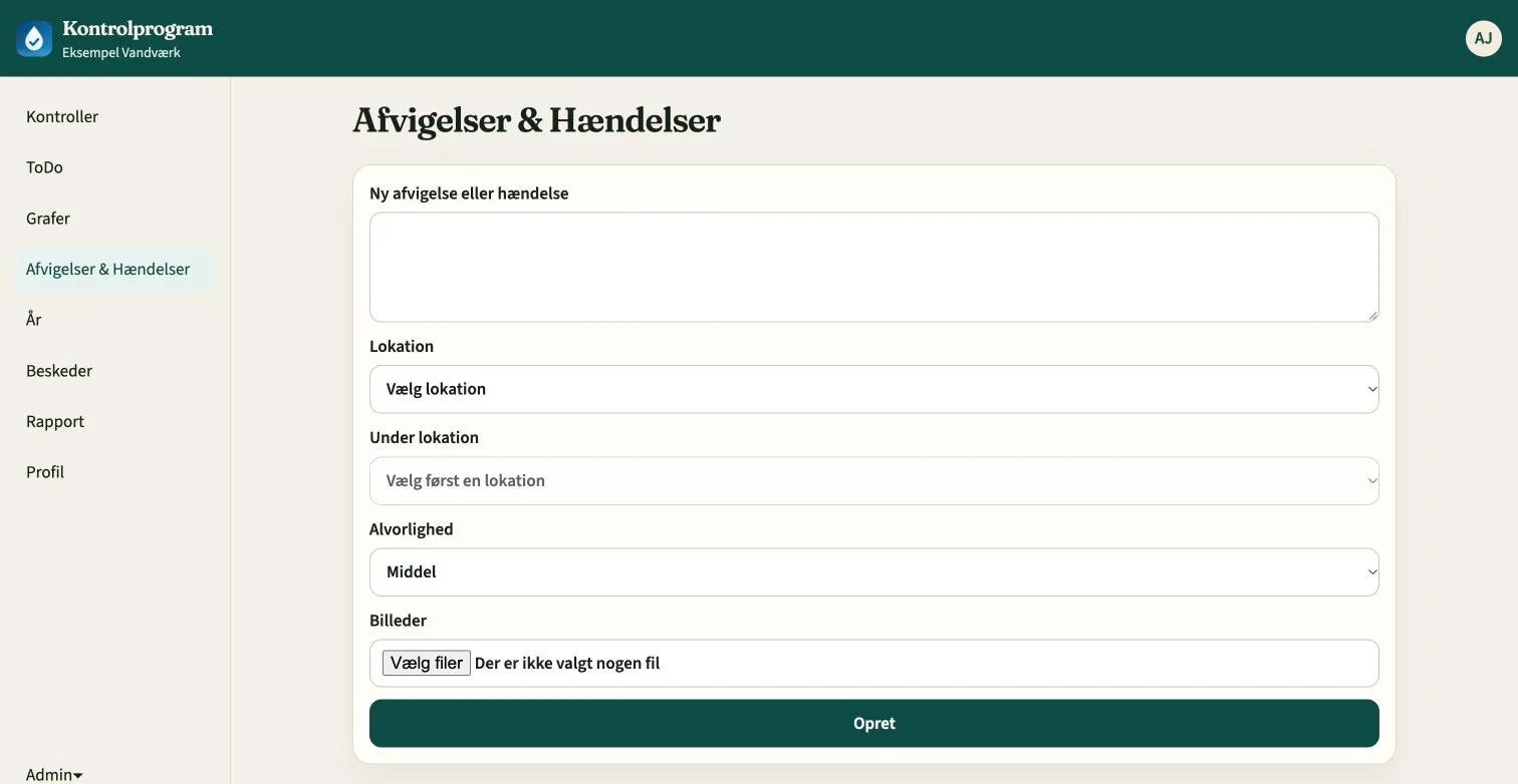 Formular til ny afvigelse med beskrivelse, lokation, alvorlighed og billeder