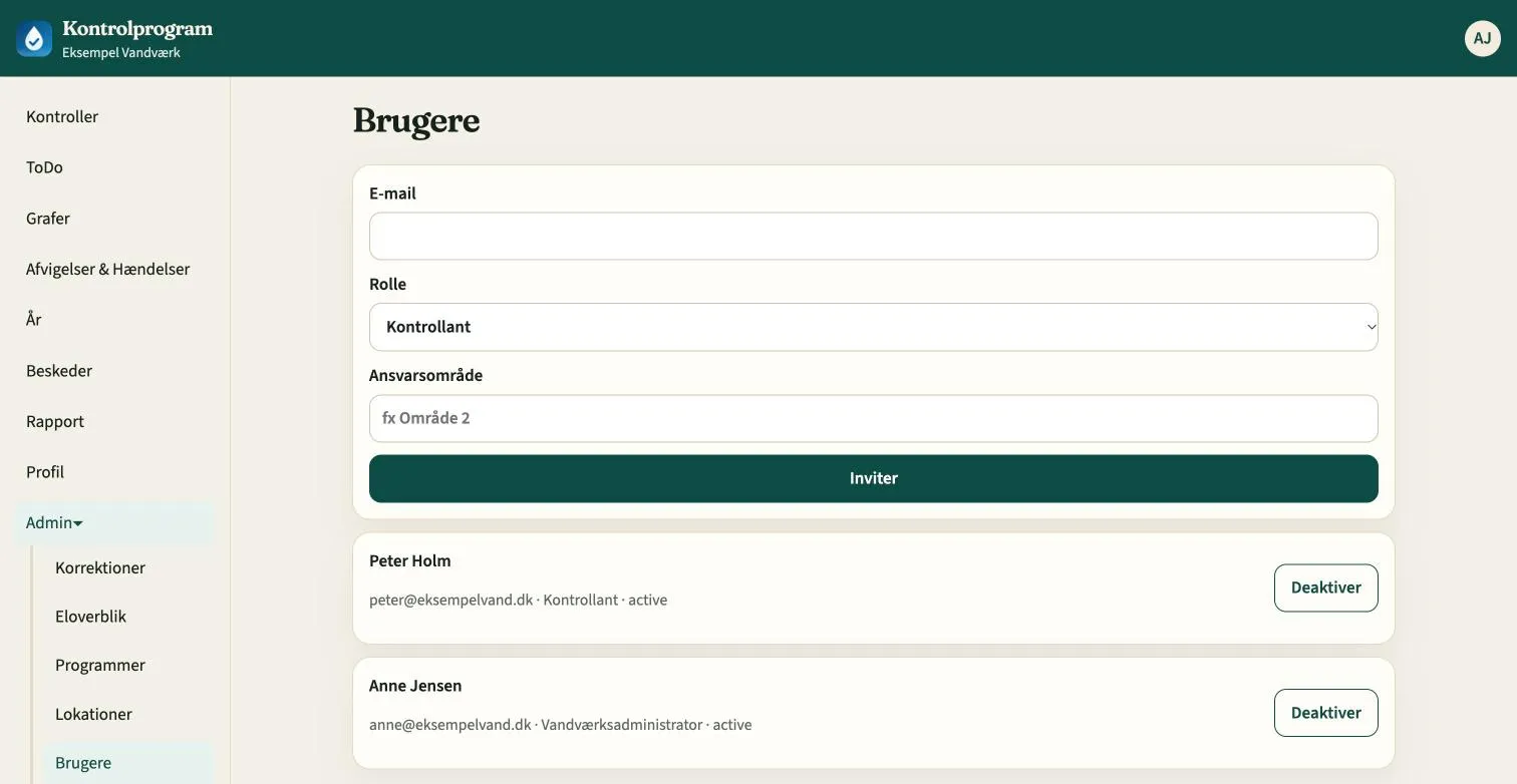 Brugere med invitationsformular og liste over brugere