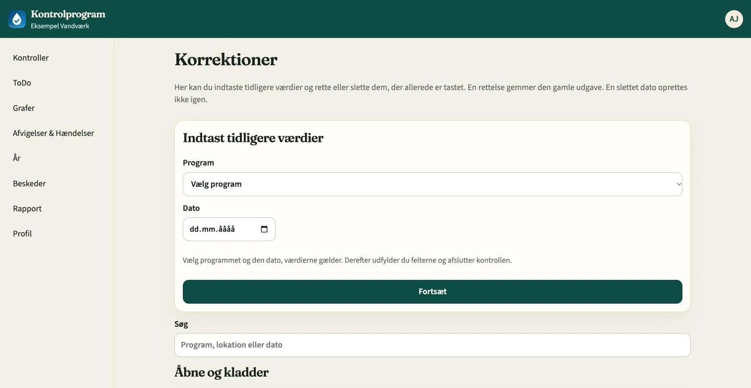 Korrektioner med formular til at indtaste tidligere værdier