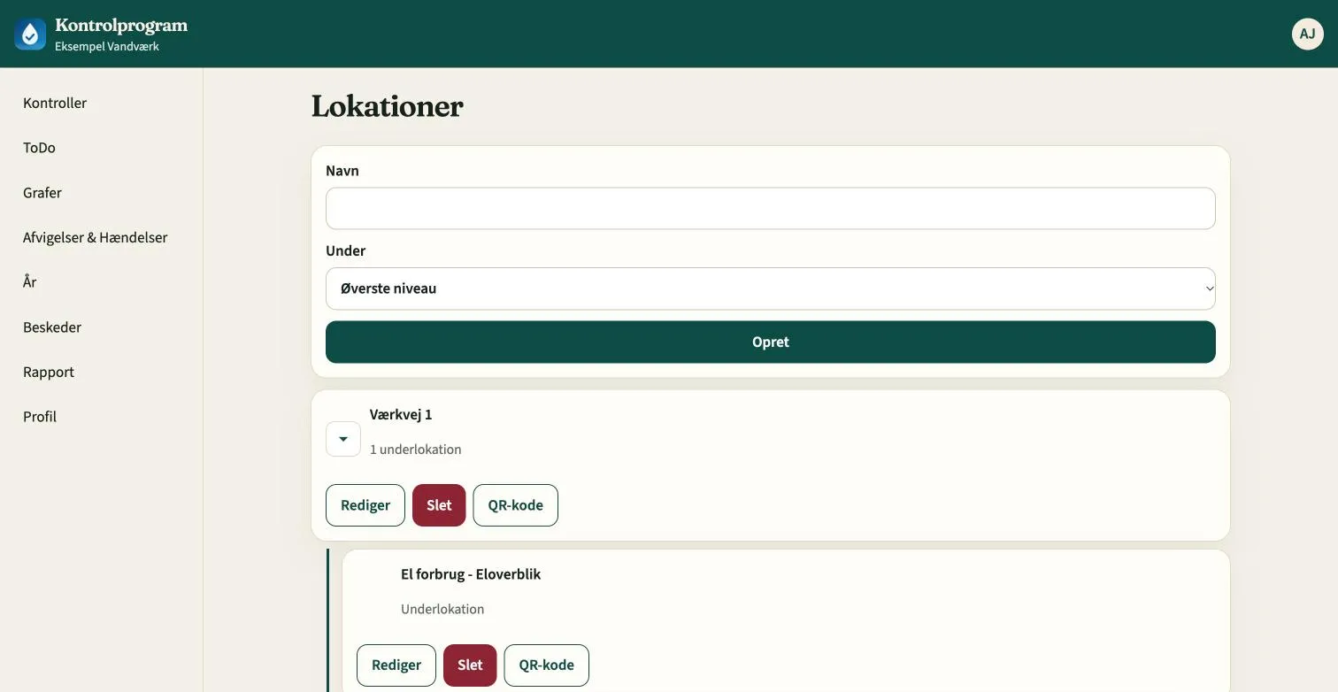 Lokationer med underlokationer og knapper til rediger, slet og QR-kode