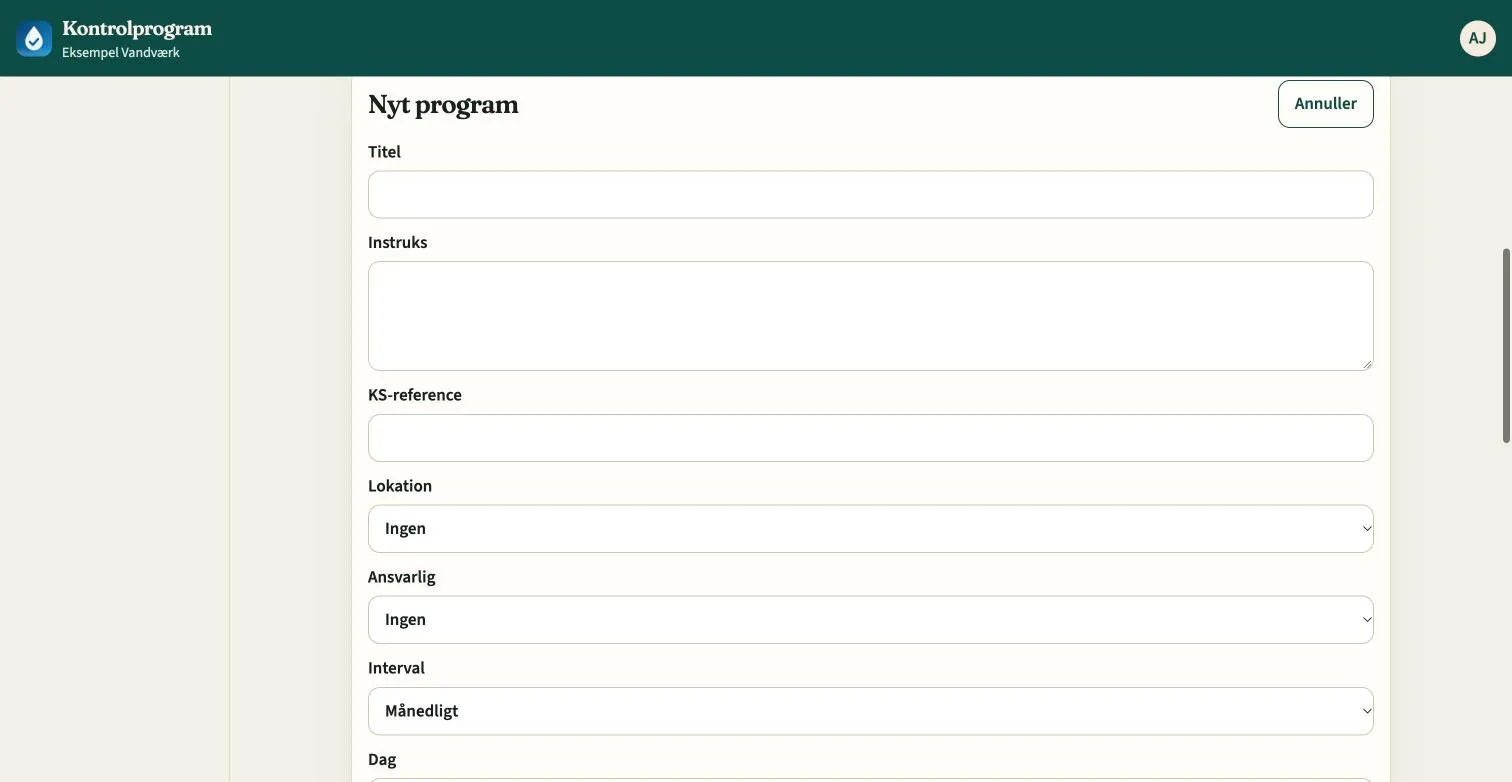 Formular til nyt kontrolprogram
