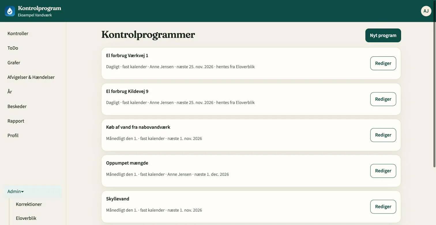 Liste over kontrolprogrammer med interval og ansvarlig