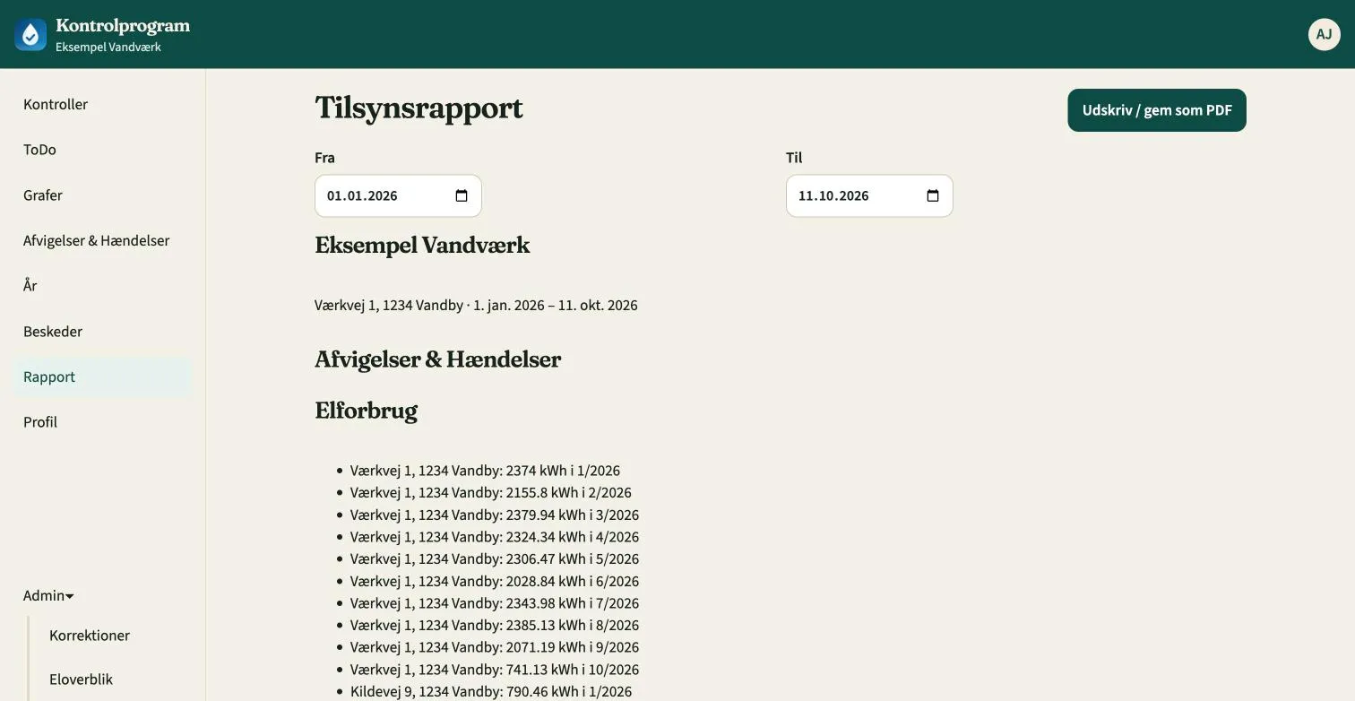Tilsynsrapport med periodevalg og knap til udskrift