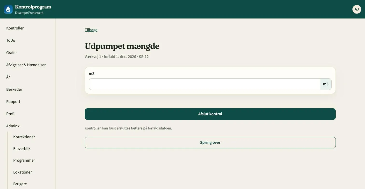 Skærmbillede af en kontrol med et felt til m3 og knapperne Afslut kontrol og Spring over
